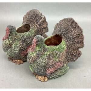 Set Of 2 Frosted Ceramic Turkey Candle Holders - 5x4.5x5.25”